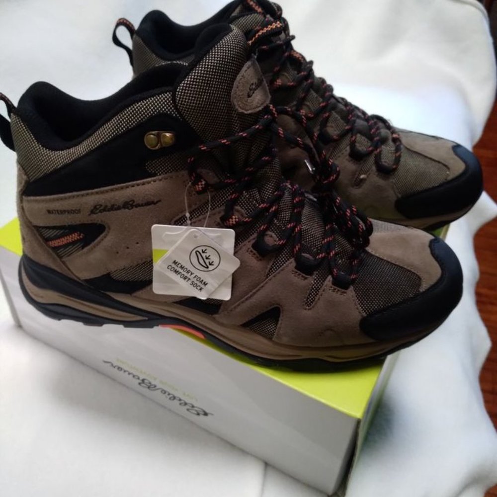 Eddie Bauer Hiking Boots Waterproof Lake Union Mid Brown Orange Mens 12.0 - NEW